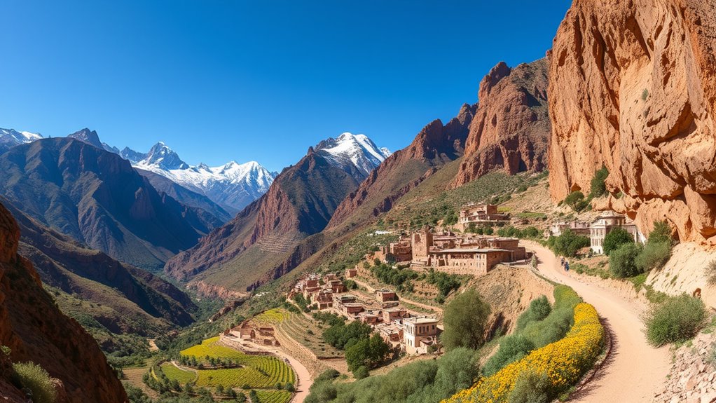 mountain peaks and lush valleys
