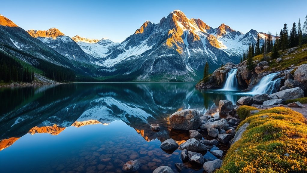 mountain peaks waterfalls flora