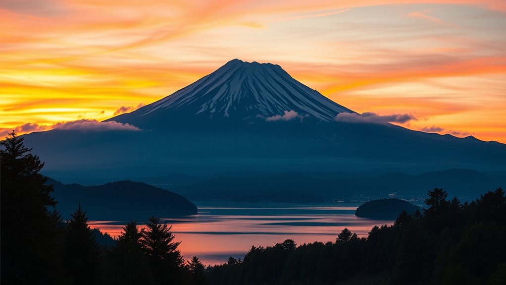 sunset silhouettes mount fuji