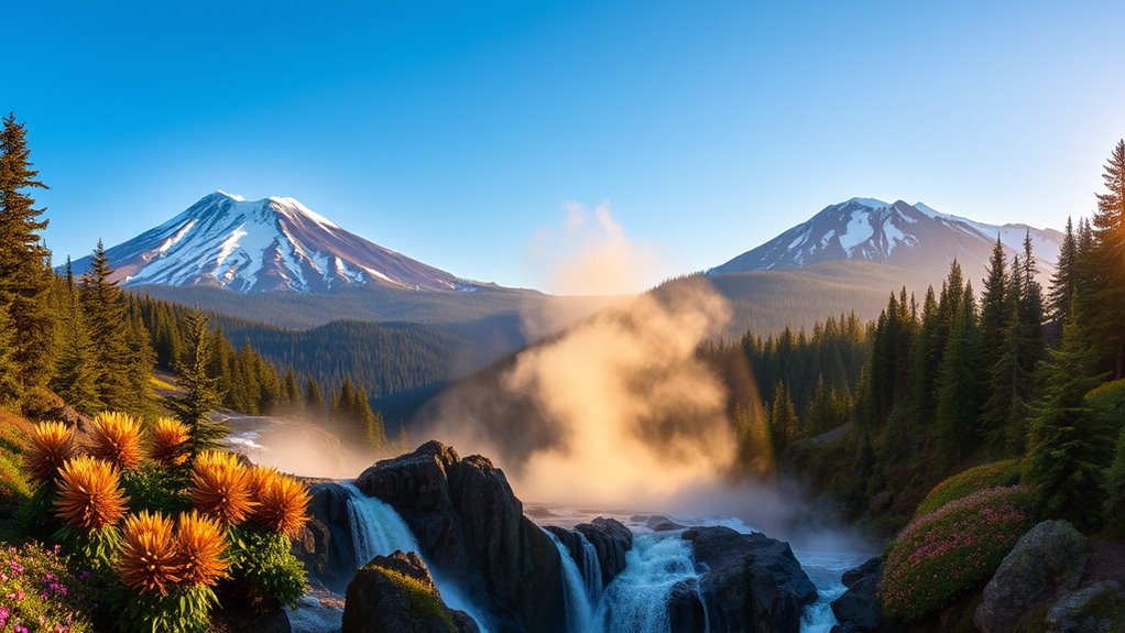 volcanic peaks and forests